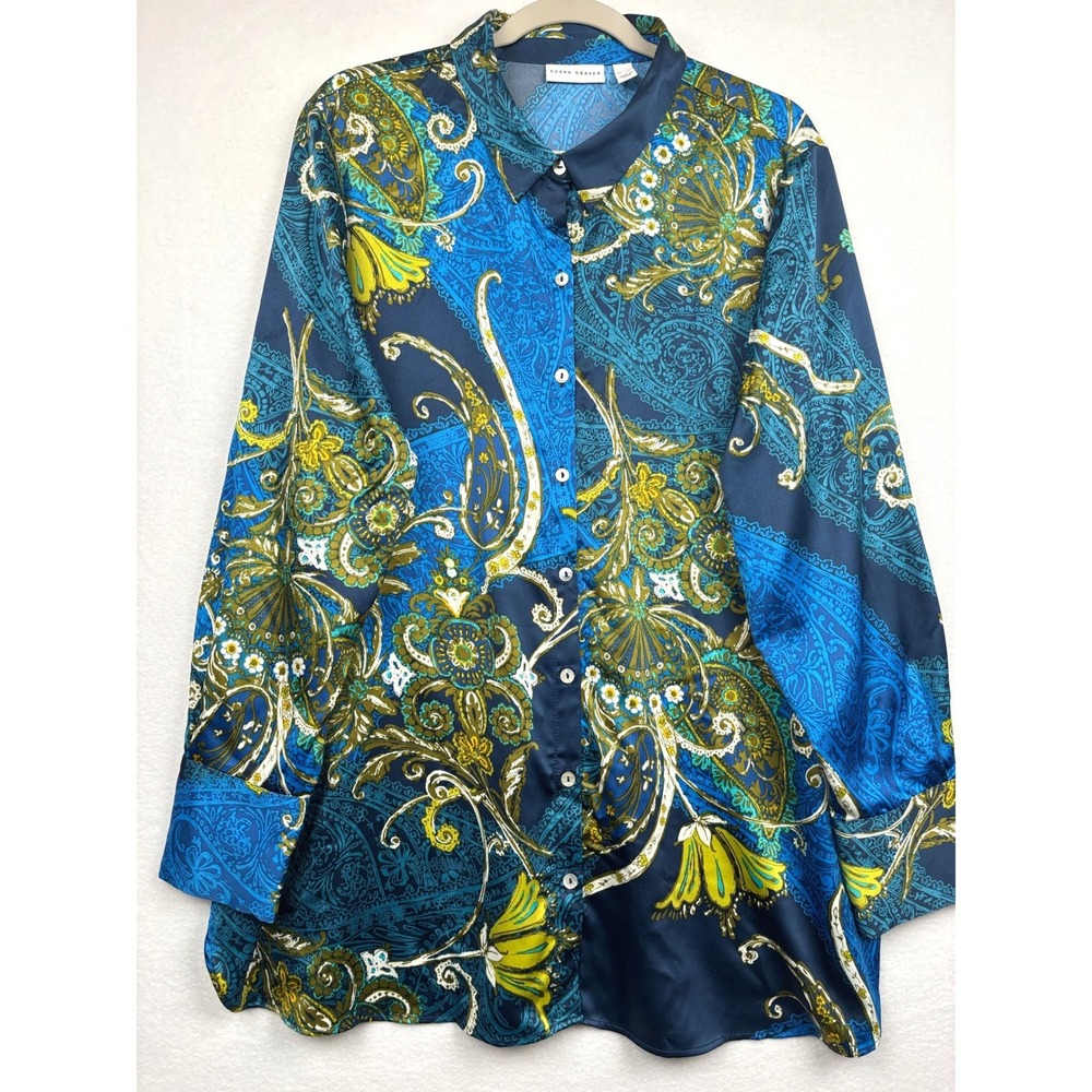 Susan Graver Shirt Womens XL Paisley Satin Feel Button Front Long Sleeve Blouse